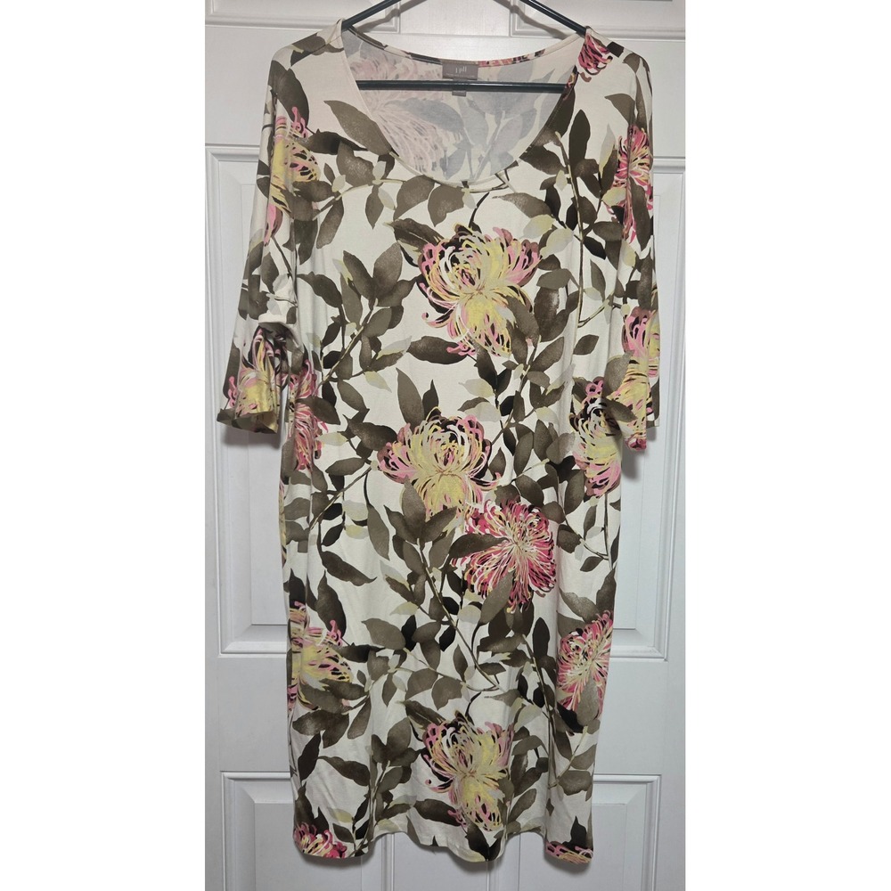 J. Jill Wearever Floral Knit Dress Medium Pink Green Stretch Elbow Sleeve